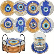 Resim 8 adet / takım Gizemli Göz Resim Elmas Boyalı Bardak Mat Seti Parıldayan Su Elmas Isıya Dayanıklı İçecek Mat ile Braket Başlangıç ve Yetişkinler için DIY Bardak Mat, Yapay Elmas Sanat El Sanatları Malzemeleri Hediye 