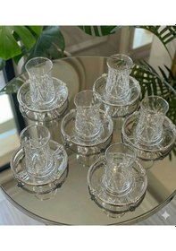 Resim 12 Parça 6 Kişilik Kristal Kesim Cam Çay Takımı Bardak Ve Tabak Seti Beyaz 