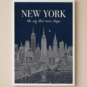 Resim New York Line Art Print - Navy Manhattan Skyline Empire State Brooklyn Bridge Wall Art - Wooden Frame - White / 16 x 20" (40x50 cm) 