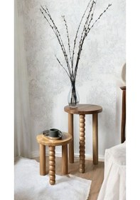 Resim Ahşap 2 Li Set Yan Sehpa Modern Fiskos / Çiçeklik Natural Renk Vernikli Cilalı Ahşap 