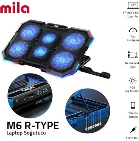 Resim Mila Serisi M6 R-Type 15-17 Inch Uyumlu 2200 Rpm, Rgb Işıklı, 6 Fan, Telefon Stand, 2 USB Notebook Soğutucu Stand 