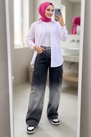 Resim Tesettür Diyarı Kadın Kargo Cepli Baggy Kot Pantolon- Gri Siyah 