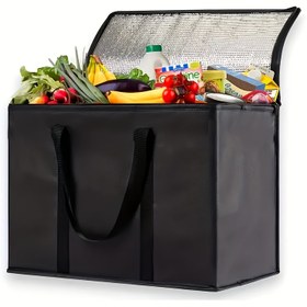 Resim XXXL İzole Edilebilir Yeniden Kullanılabilir Alışveriş Çantası - Sağlam Saplı Büyük Termal Gıda Güvenli Soğutucu Tote, Kamp, Piknik, Açık Hava Aktiviteleri ve Tatil Hediyeleri (Noel, Yılbaşı) İçin Dayanıklı Siyah Market Çantası, Reflektif Termal Astar 
