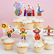 Resim 16 Parça Sirk Temalı Cupcake Süsleri Seti - Vintage Sirk Hayvanı Fil ve Aslan Pasta Dekorasyonu, Doğum Günü Partisi, Cadılar Bayramı ve Noel Etkinlikleri İçin Parti Malzemeleri 