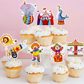 Resim 16 Parça Sirk Temalı Cupcake Süsleri Seti - Vintage Sirk Hayvanı Fil ve Aslan Pasta Dekorasyonu, Doğum Günü Partisi, Cadılar Bayramı ve Noel Etkinlikleri İçin Parti Malzemeleri 