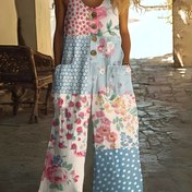 Resim Kadınlar İçin Vintage Çiçekli Romper - Esnek Olmayan Geniş Paça Tulum, Düğmeli Ön, Pembe/Mavi/Beyaz Desenli, Makinede Yıkanabilir Parti, Plaj ve Günlük Kıyafetler - İlkbahar/Sonbahar/Yaz Modası 
