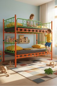 Resim ARGİMO Carme Genç Çocuk Odası Metal Ranza Ve Karyola 90x200 Turuncu Yeşil 