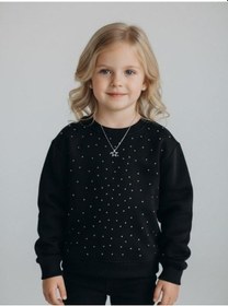 Resim Kız Çocuk Pamuklu Taşlı Sweatshirt-16747 Siyah 
