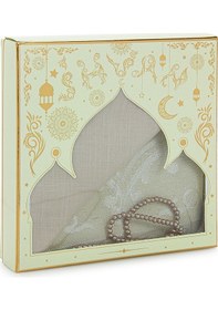 Resim Kutulu Örtülü Tesbihli Hediyelik Çeyizlik Seccade Seti Krem 