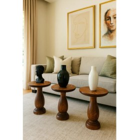 Resim Fındık Renk Ahşap Mantar Sehpa Seti 3lü Doğal Fiskos ve Zigon Sehpa 