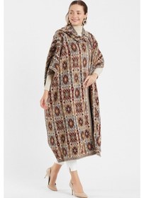 Resim Uludağ Triko Kadın Kilim Desen Kapşonlu Panço Taş-Std Taş 