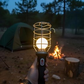 Resim Siyah 25 mt Plastik Saplı Metal Koruma Kafesli kablolu E27 Standart Duy Seyyar El Lambası 