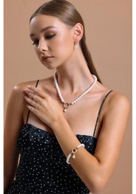 Resim 8,5 Mm Halka Kilitli Doğal İnci Bileklik 19 Cm / Sarı Sarı Sarı Altın 