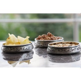 Resim Bakır Çerezlik Oyma Nakışlı 3'lü Mat Gümüş Renk 