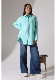 Resim Yeni Sezon Poplin Kumaş Çift Cepli Oversize Pamuklu Kadın Tunik Gömlek Turkuaz 