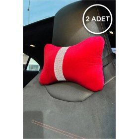 Resim Kırmızı Düz Kadife Gümüş Dik Şeritli Boyun Yastığı 2 Adet 