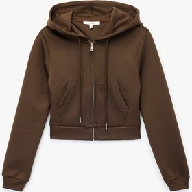 Resim Koton Pamuklu Cepli Uzun Kollu Fermuarlı Kapüşonlu Crop Sweatshirt Kahverengi 6wak10025ek Kahve 