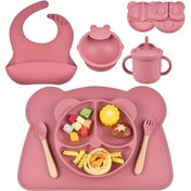 Resim 7 parçalı Bebek Yemek Seti, Silikon, Karışık Renkler, Vakumlu Bebek Çatal-Bıçak Takımı, Çizgi Film Tasarımı, Yüksek Emiş Gücü, Kolay Temizlenir, Yer Matı, Tabak, Kase, Kaşık, Çatal, Önlük, Pipetli Bardak Dahil - Bebek Besleme Malzemeleri 