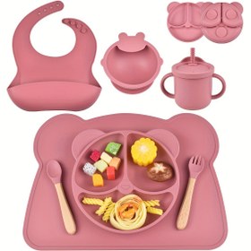 Resim 7 parçalı Bebek Yemek Seti, Silikon, Karışık Renkler, Vakumlu Bebek Çatal-Bıçak Takımı, Çizgi Film Tasarımı, Yüksek Emiş Gücü, Kolay Temizlenir, Yer Matı, Tabak, Kase, Kaşık, Çatal, Önlük, Pipetli Bardak Dahil - Bebek Besleme Malzemeleri 