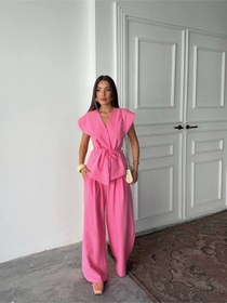 Resim Rawea Yelekli Pantolonlu Bağlamalı Takım - Viskon & Geniş Paça Pembe 