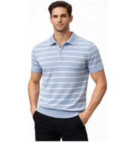 Resim Engezi Erkek Triko Polo Yaka Fermuarlı Çizgili Tişört T-shirt Yazlık Şık - Bebek Mavisi Açık Mavi 