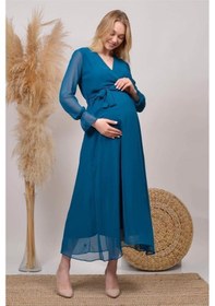 Resim Dip Moda Kadın Yeni Sezon Kruvaze Yaka Şifon Hamile Elbise Hml003 Petrol Mavisi 
