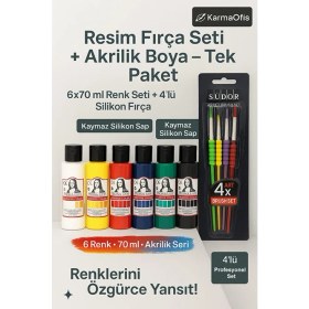Resim KarmaOfis Silikon Saplı 4’lü Fırça Seti + Akrilik Boya Seti 6×70 ml – Resim ve Hobi Boyama Seti 