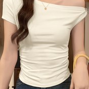 Resim Kadınlar için Seksi Omuz Açık Asimetrik Bükümlü Boyun Kısa Kollu Üst - İlkbahar/Yaz İçin Dar Kesim Esnek Gömlek, Siyah Şık Günlükten Şık Bluz, Yaz Modası, Tek Omuz Stili, Zarif Kumaş 
