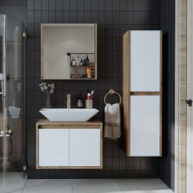 Resim Lavabolu Banyo Dolabı 3lü Set - Atlantic - 85 CM / Atlas Çam-Antrasit 