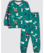 Resim Zuzunga Sevimli Kardan Adam-penguen Desenli %100 Pamuk Unisex Çocuk Pijama Takımı Yeşil 
