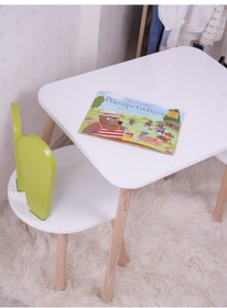 Resim Montessori Çocuk Çalışma Masası Takımı: 1 Beyaz Masa & 1 Yeşil Bunny Sandalye Yeşil 