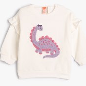Resim Kız Bebek Dinozorlu Sweatshirt Aplike Detaylı Uzun Kollu Bisiklet Yaka Şardonlu Pamuklu 