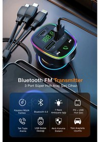 Resim Bluetooth Fm Transmitter 3 Usb Portlu Süper Hızlı Araç Şarj Cihazı 