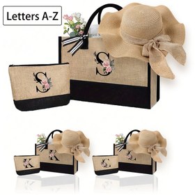 Resim Kadınlar için Tote Set, 3 adet, Çiçek Desenli Alfabe Deseni, El Çantası, Tote Çantası, Omuz Çantası, Kozmetik Çantası ve Dokuma Şapka ile, Düğün, Doğum Günü, Plaj, Tatil, Okul Çantası için Uygun, Kadınlar, Anne, Öğretmen, Arkadaş, Gelinlik için Harika Bir Hediye, Öğrenci 