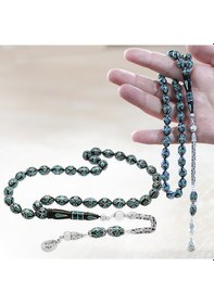 Resim 925 Ayar Gümüş Kral Zincir Püsküllü Gümüş-firuze İşlemeli Erzurum Oltu Taşı Tesbih Mavi - Siyah 