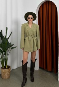 Resim msm fashion Kadın Oversize Blazer Ceket Açık Haki Kuşaklı Omuz Detaylı 