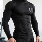 Resim Erkek Siyah Yüksek Boyun Sıkıştırma Gömlek - Wolf Logo ile Uzun Kollu Egzersiz Üstü, Nem Çekme ve Esnek Fitness Tişört, Spor Salonu, Koşu, Vücut Geliştirme için - Tüm Mevsimler için Sıkı Atletik Gömlek, Kas Desteği ve Geliştirilmiş Performans, Spor Salonu Giysileri, Koşu Ekipmanları, Şık Tasarım, Dayanıklı Spor Giyim, Esnek Kumaş, Aktif Giyim Üstü, Spor Görünümü, Nefes Alabilir Malzeme, Performans Tişört, Aktif Erkekler 