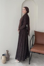 Resim Neşeli Butik kahverengi bel drapeli tam boy flok baskı tesettür elbise 