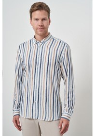 Resim Erkek İndigo Keten Çizgili Desen Düğmeli Yaka Slim Fit Gömlek 25ys004009308 İndigo İndigo 