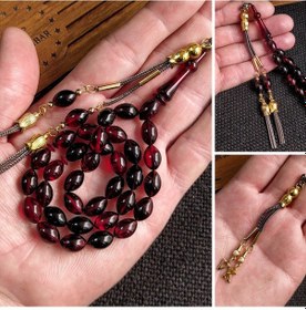 Resim 7x11 mm Kırmızı Siyah Ateşi Kehribar İsme Özel Tesbih 
