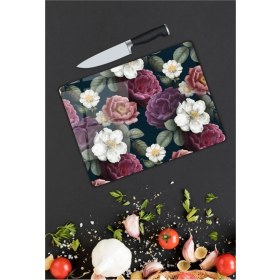 Resim Aylina Renkli Çiçekler Cam Kesme Tahtası 25 x 35 cm 