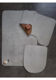 Resim Ultrasoft Düz Gümüş Gri 3 Lü Banyo Paspası Halısı Seti Kaymaz Gri 
