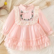 Resim Kızlar için İlkbahar ve Sonbahar Şık Prenses Elbisesi, Yeni Pembe Taklit Nakışlı Romantik Dantel Elbise, Küçük Kızların Doğum Günü Partisi Festivali Elbisesi 