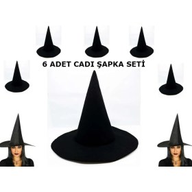 Resim Siyah Cadı Şapkası Keçe Yetişkin Boy 6 Adet 