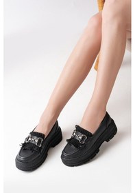 Resim 749-750 Siyah Tokalı Günlük Yüksek Tabanlı Loafer Ayakkabı Beyaz 