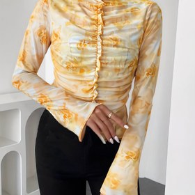 Resim Kadınlar İçin Şık Pilili Ön Detaylı Çiçek Desenli Bodycon Üst 