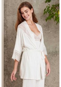 Resim Pierre Cardin 2820 Kadın Ekru Dantelli Penye 3'lü Sabahlıklı Pijama Takım Ekru 
