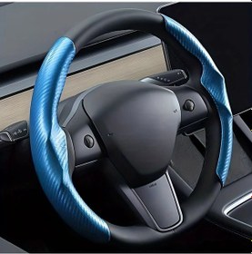 Resim Honeybeeshop Mavi Tesla Model 3 Y İçin Karbon Fiber Desenli Kaymaz Spor Direksiyon Kapağı Aksesuarı Mavi 