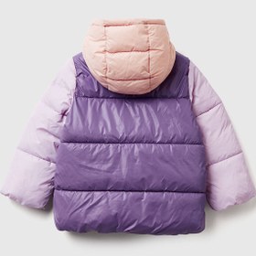 Resim Benetton Bebek Mor-Pembe Kapüşonlu Kışlık Mont - Logo Detaylı - 5-6 Yaş 