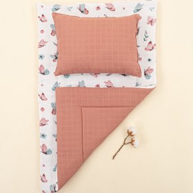 Resim Alt Açma Matı ve Yastık - Çift Taraflı - Gül Kurusu Muslin - Kelebekler 